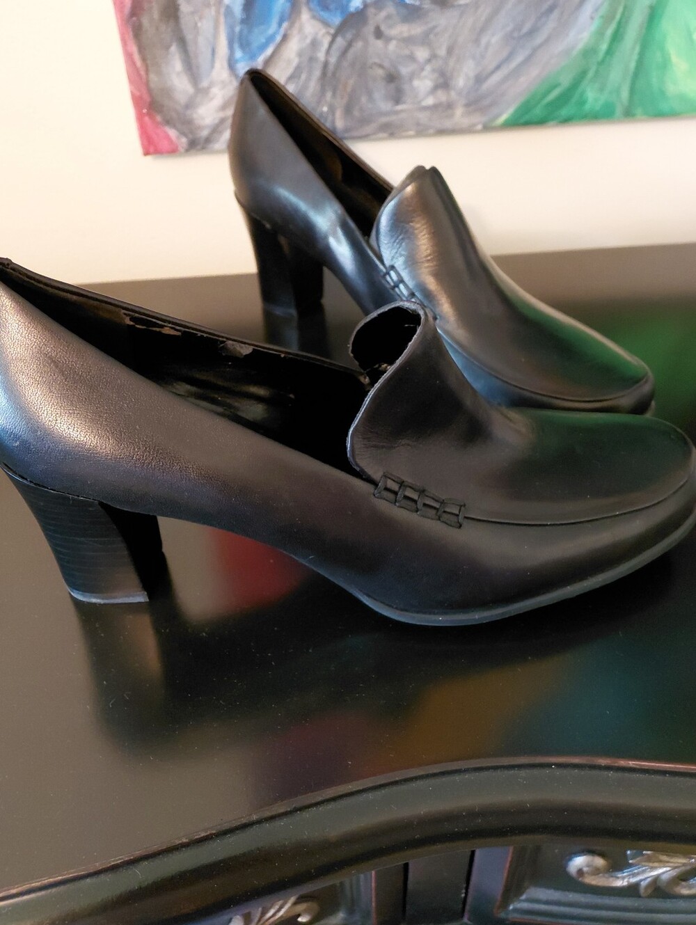 Franco Sarto Black Leather Slip-On Heeled Loafers